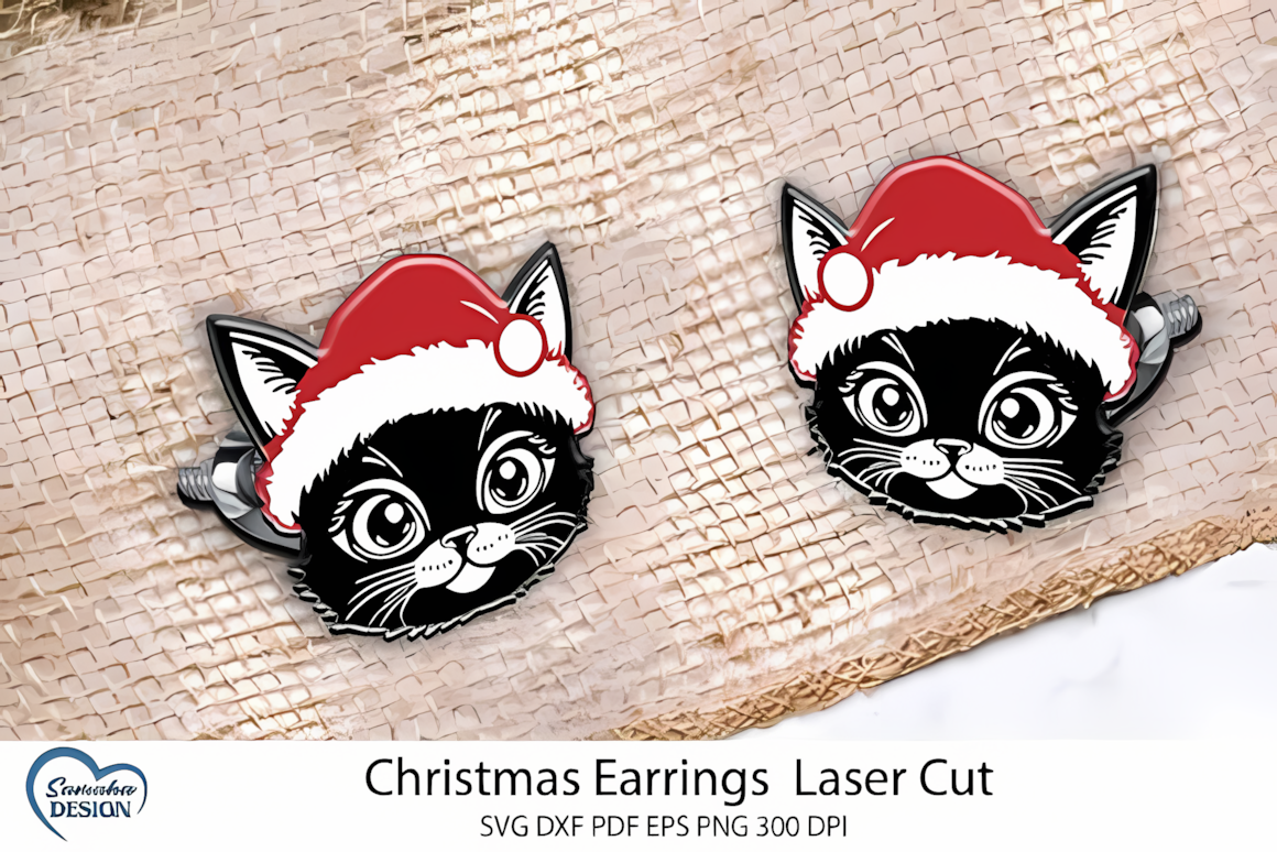 Cute cat christmas earring laser cut design featuring a holiday feline silhouette