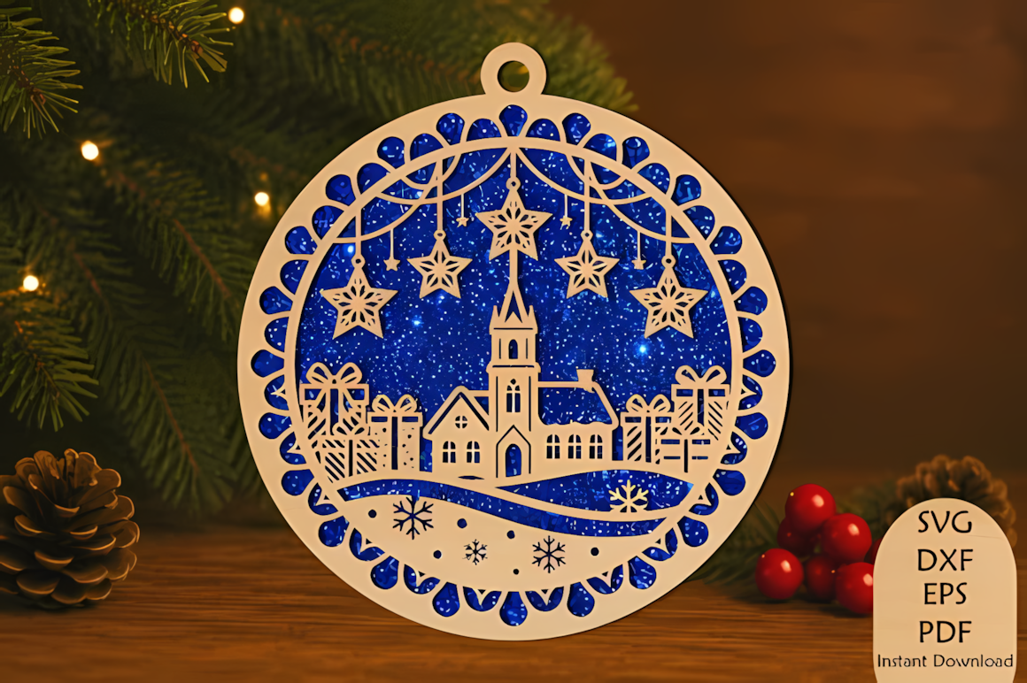 Christmas church ornament laser cut SVG template for 3D layered holiday decor
