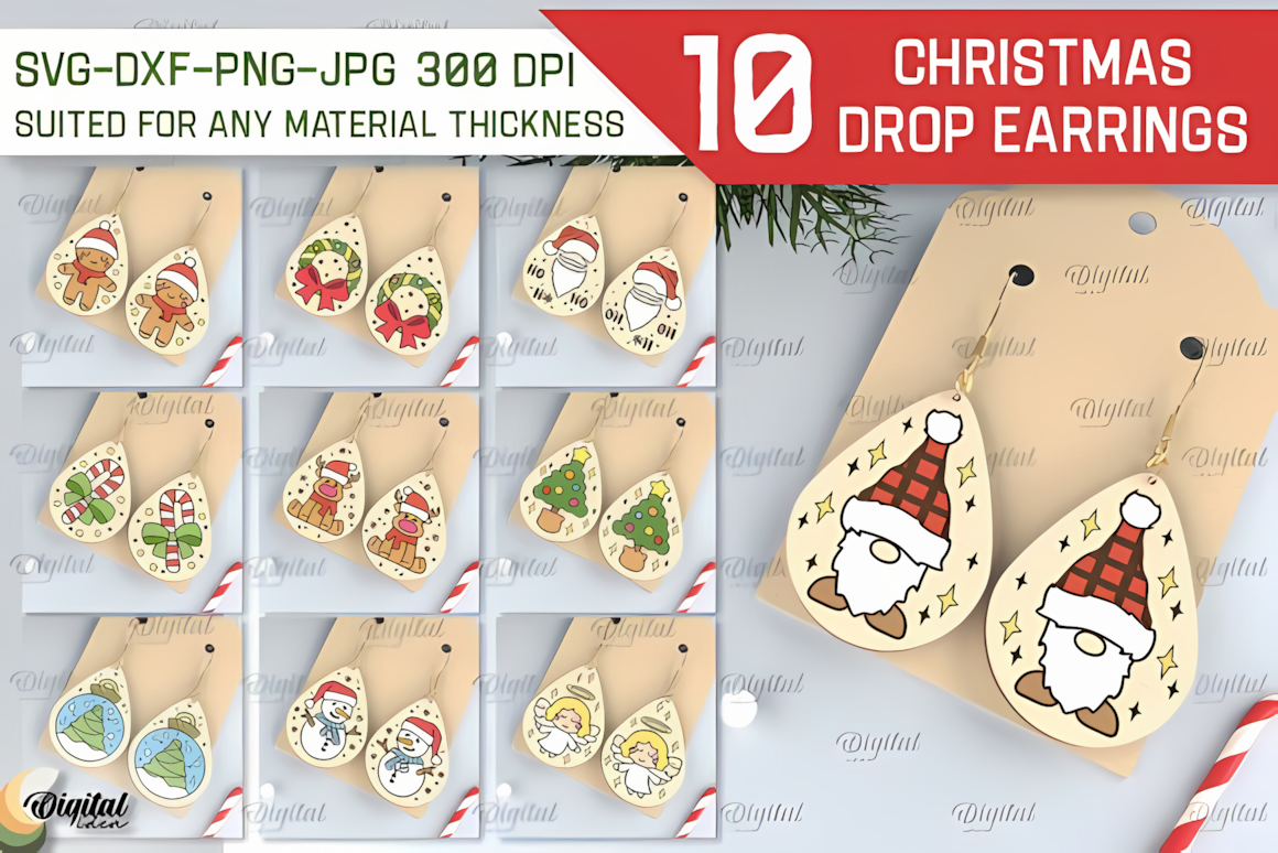 Various christmas drop earrings laser cut bundle designs crafted from laser-etched plywood