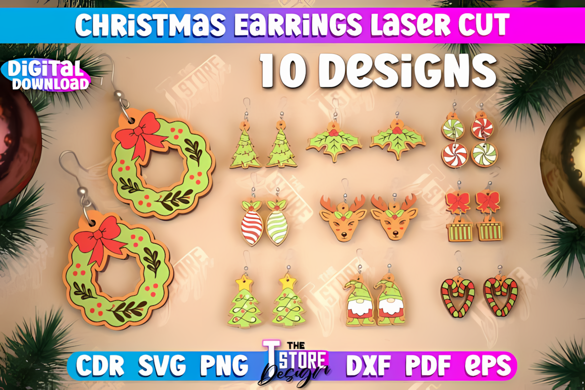 Assorted jewelry cnc christmas earring svg bundle designs presented as finished wooden ear pendants