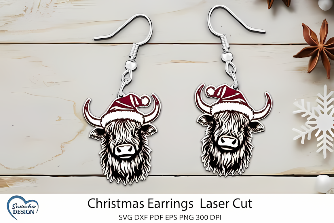 Highland cow christmas earring laser cut design featuring a rustic festive animal silhouette