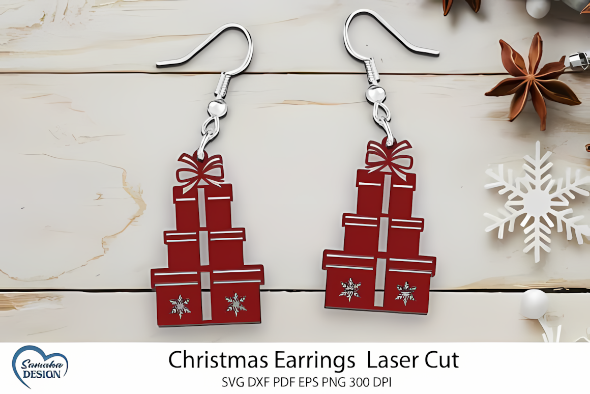 Gift present pattern christmas drop earrings laser cut from natural wood sheet