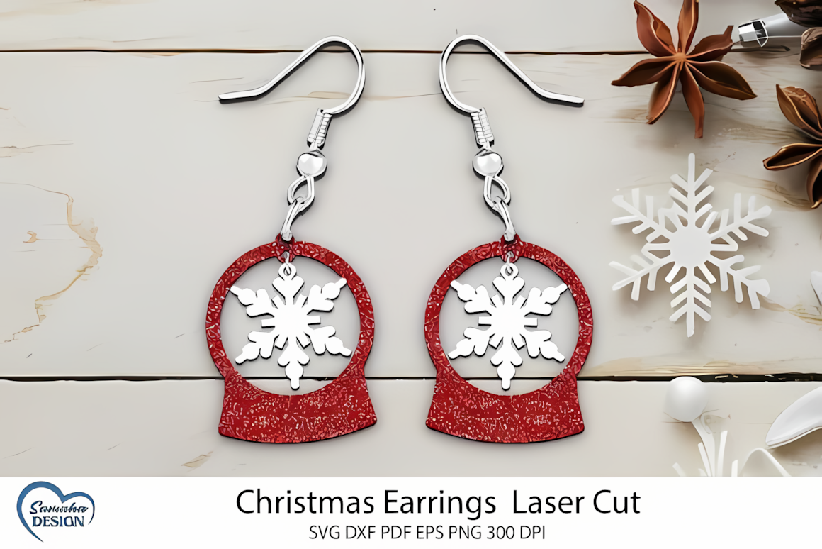 Pair of wooden teardrop christmas drop earrings laser cut and styled for holiday jewelry