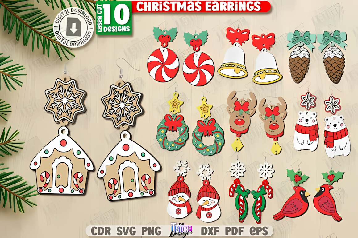 Selection of cnc christmas earring laser cut bundle vector files rendered as finished jewelry