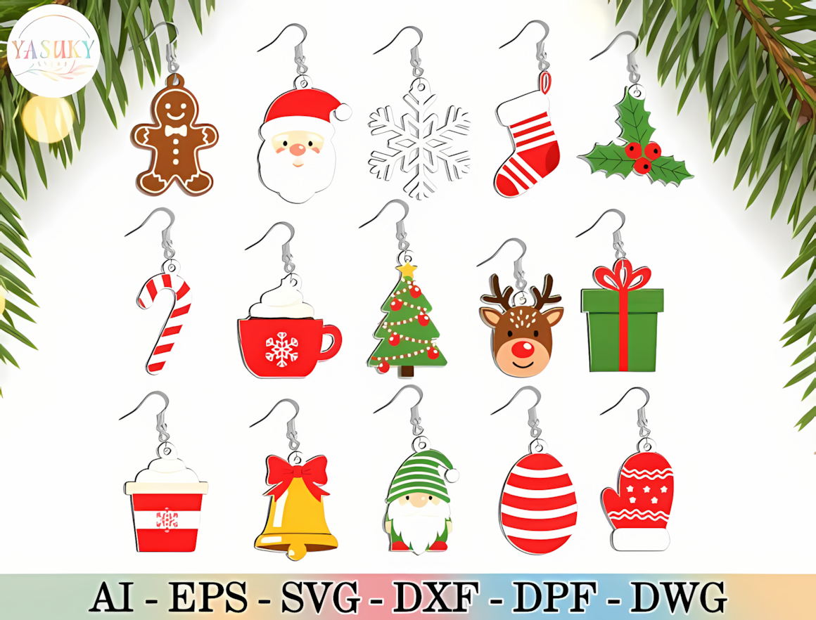 Glowforge christmas earring svg bundle designs cut from plywood and displayed on a card