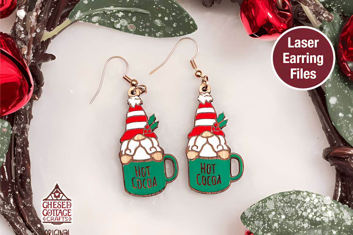 Gnome holding hot cocoa christmas earring laser cut template cut from wood