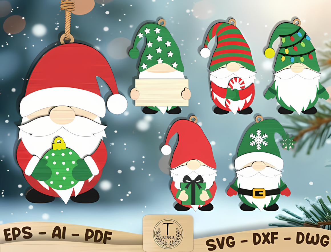 Christmas gnome ornament SVG bundle for 3D laser cut wooden tree decorations