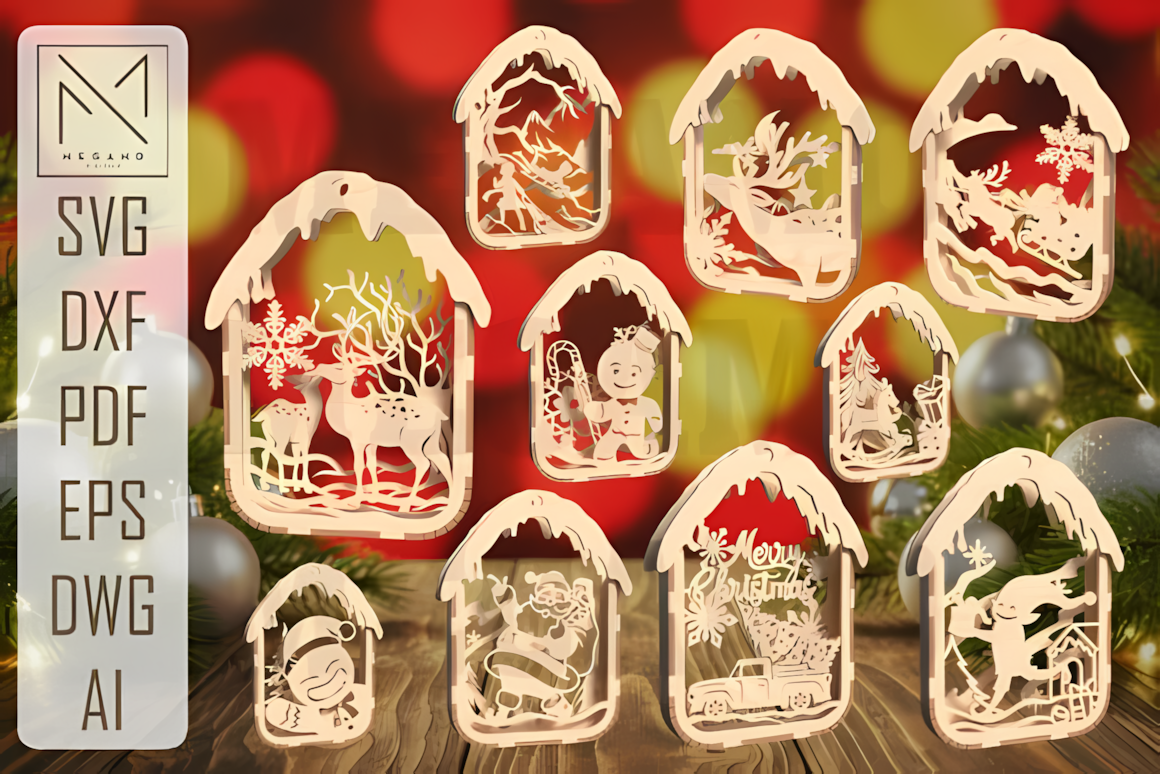Christmas house ornament SVG bundle with 3D layered winter cottage laser files