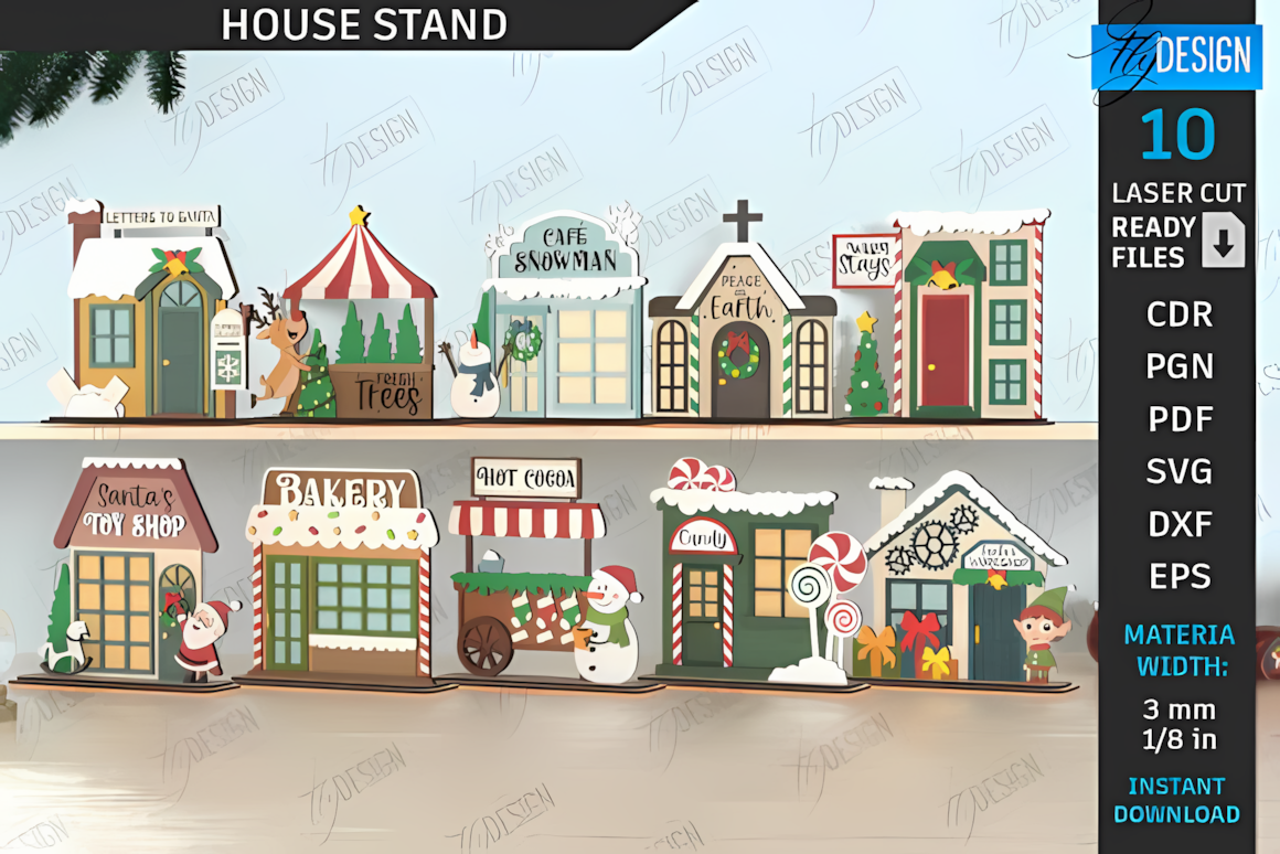 Christmas house stands laser cut SVG bundle