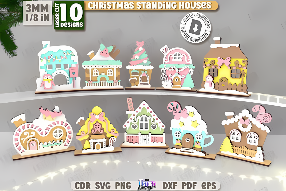 Laser cut Christmas houses tabletop decor set