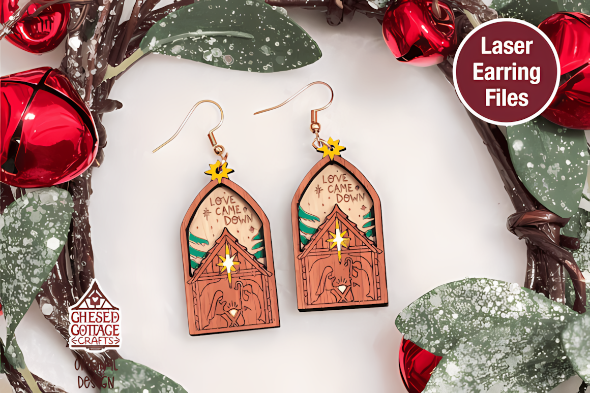 Nativity christmas stud earrings svg template rendered as delicate wooden studs