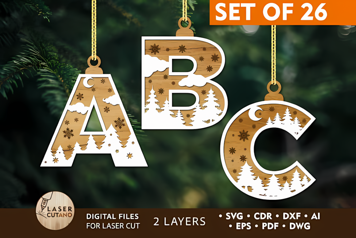 Multilayer wooden alphabet Christmas tree ornament SVG file for laser cutting