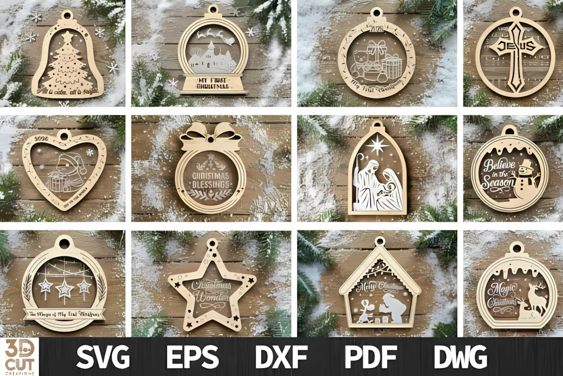 Christmas ornament laser cut bundle with multilayer SVG DXF files for crafters