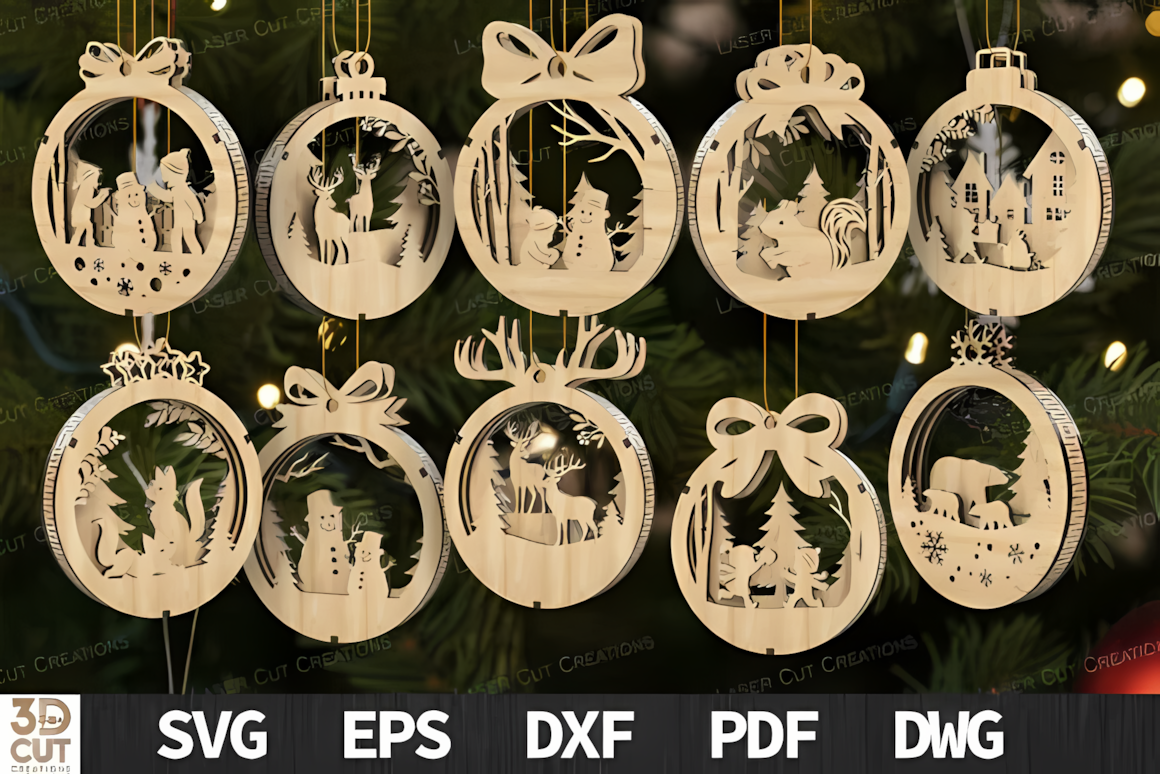 Christmas ornaments bundle SVG laser cut with winter woodland scenes for Glowforge