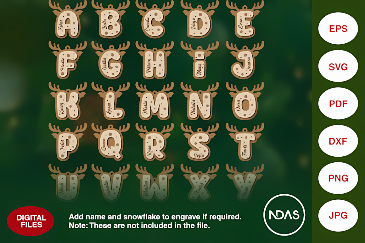 Reindeer Christmas alphabet ornament laser cut file set for Glowforge and Cricut