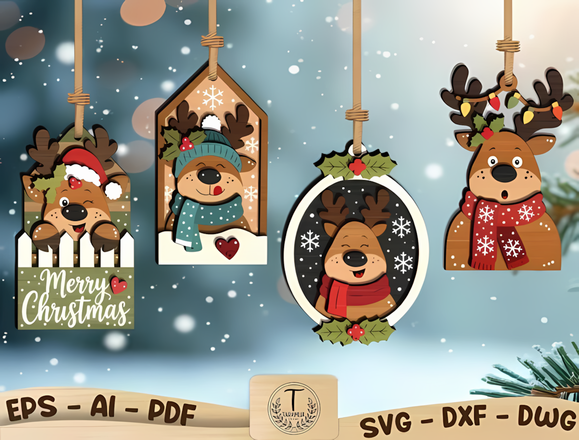 Reindeer Christmas ornament SVG bundle featuring 3D layered holiday head designs