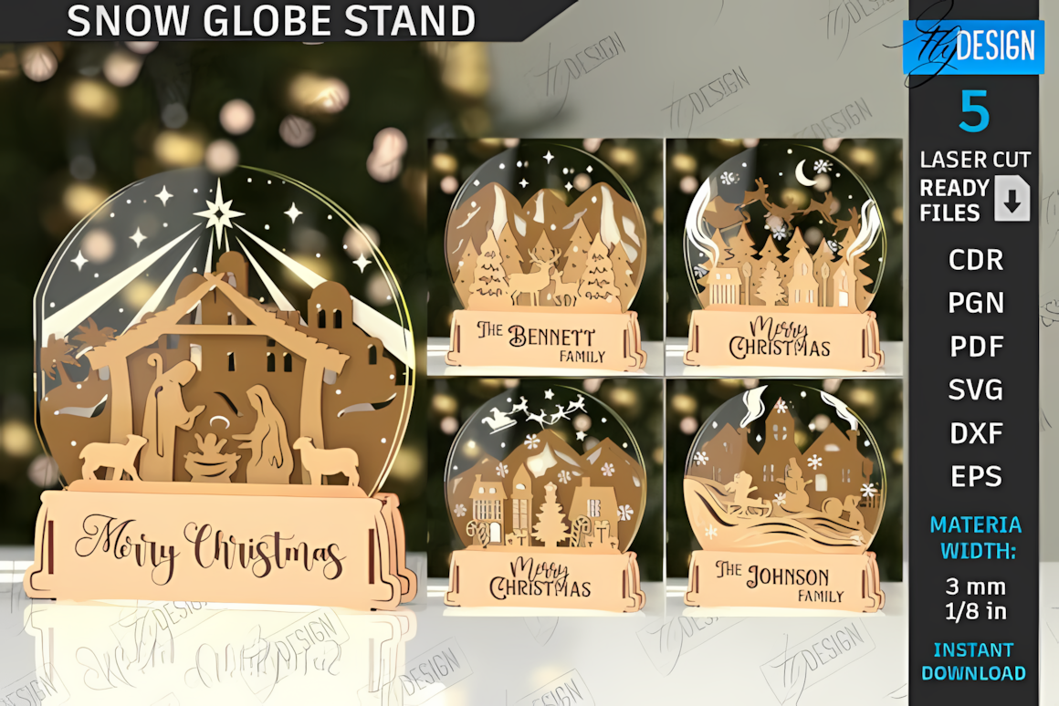 Christmas snow globe stand laser cut set vector files