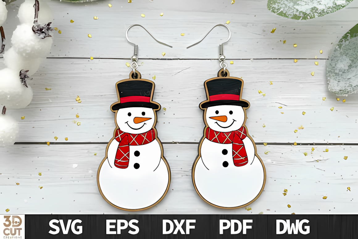 Snowman christmas earring laser cut design crafted from lightweight plywood