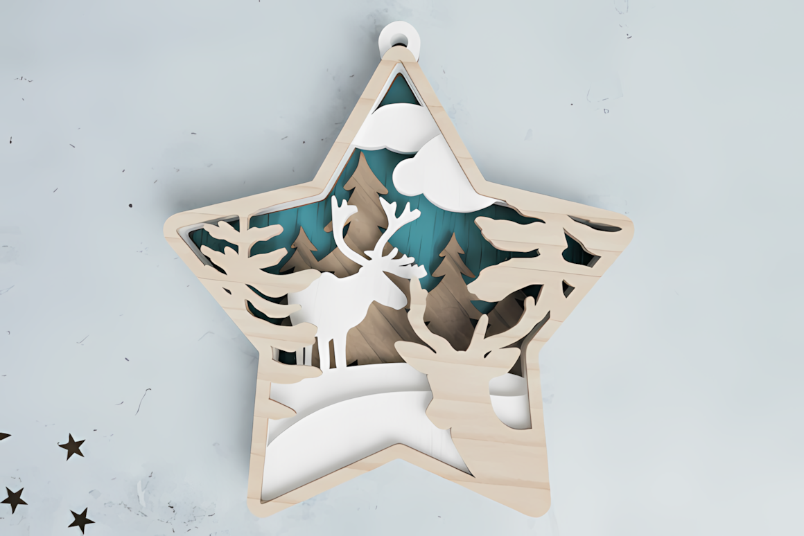 3D layered Christmas star ornament laser cut SVG template for holiday tree decor