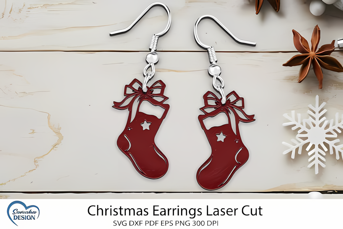 Holiday stocking christmas earring laser cut file cut into wooden drop earrings