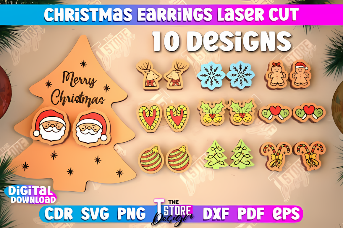 Set of jewelry christmas stud earrings svg bundle crafts cut from polished acrylic and wood