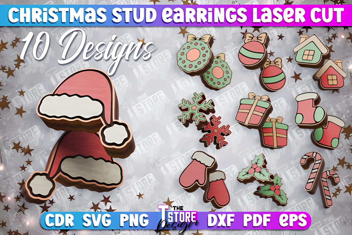 Pair of wooden stud christmas earring laser cut svg templates displayed on a rustic holiday background