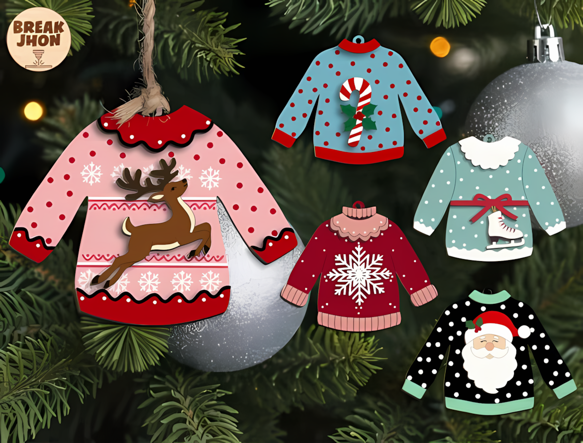 Christmas sweater ornament SVG bundle for laser cutting layered wooden holiday tags