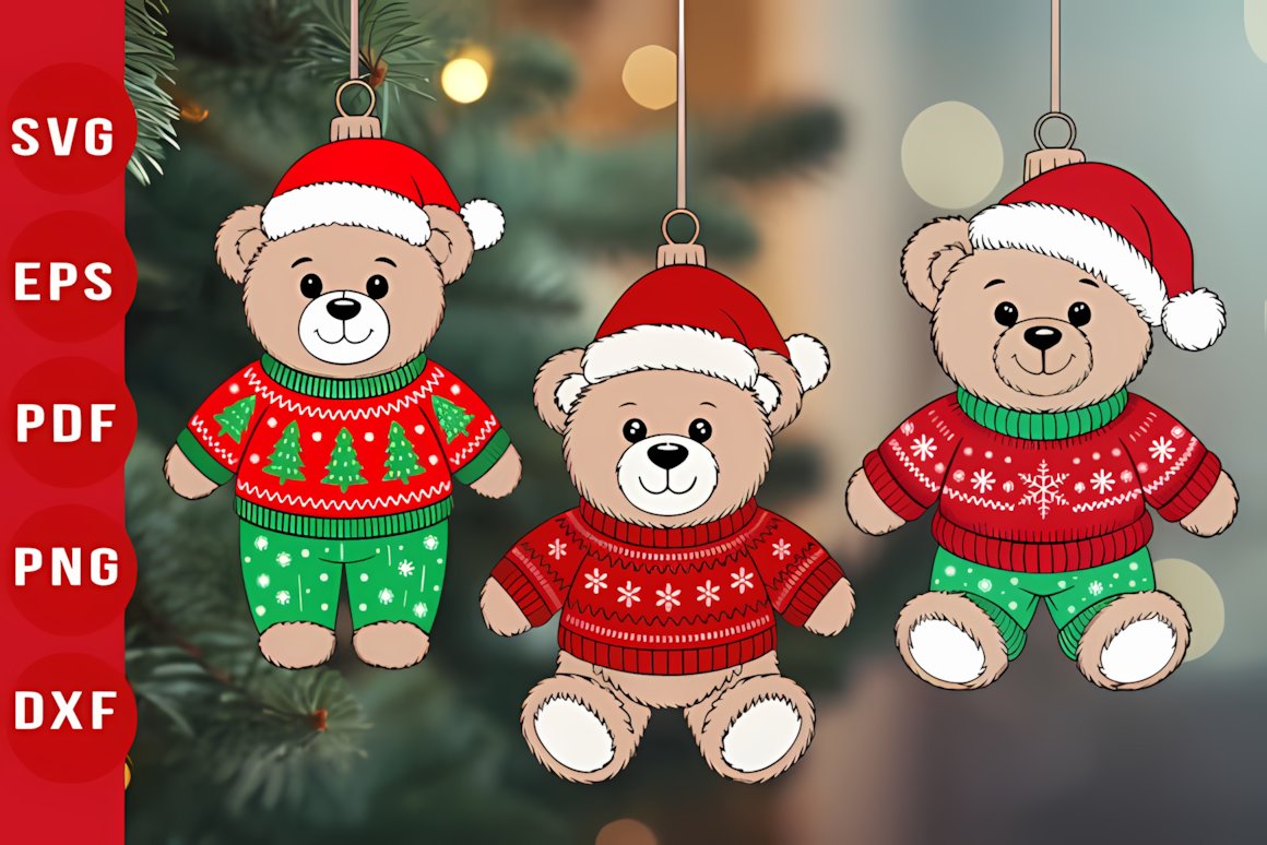 Christmas teddy bear ornament SVG bundle for 3D laser cut wooden tree decorations