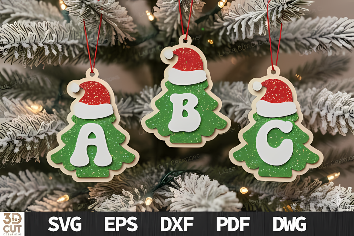Christmas tree shaped layered Christmas ornament SVG template with initial letter