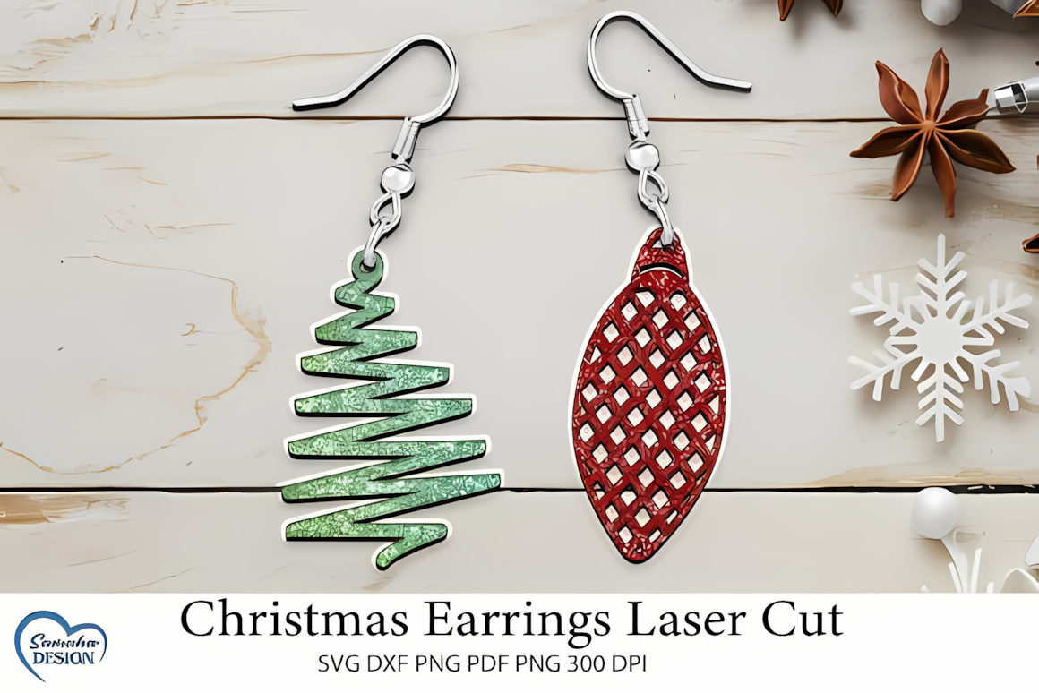 Pine tree christmas earring laser cut template assembled into wooden dangle jewelry