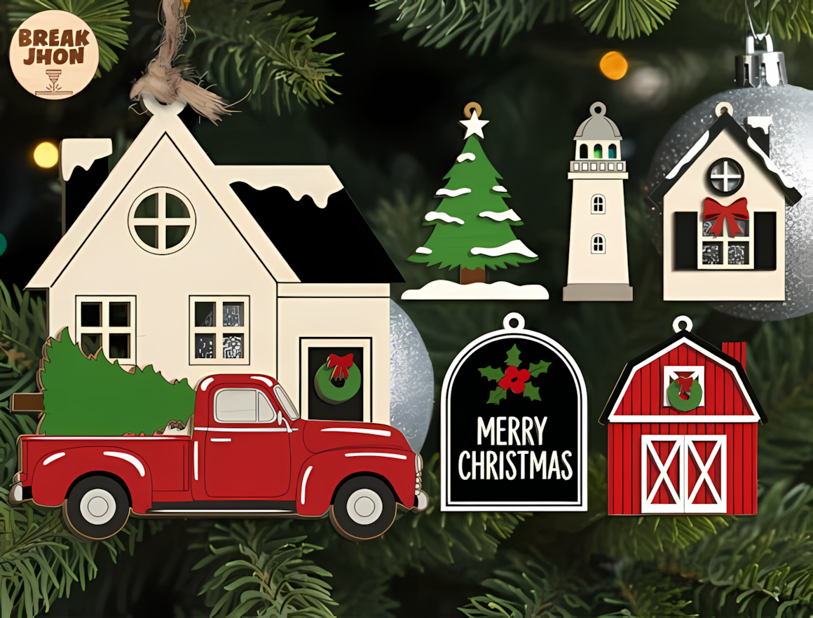 Christmas village ornament bundle SVG with 3D layered winter house laser files