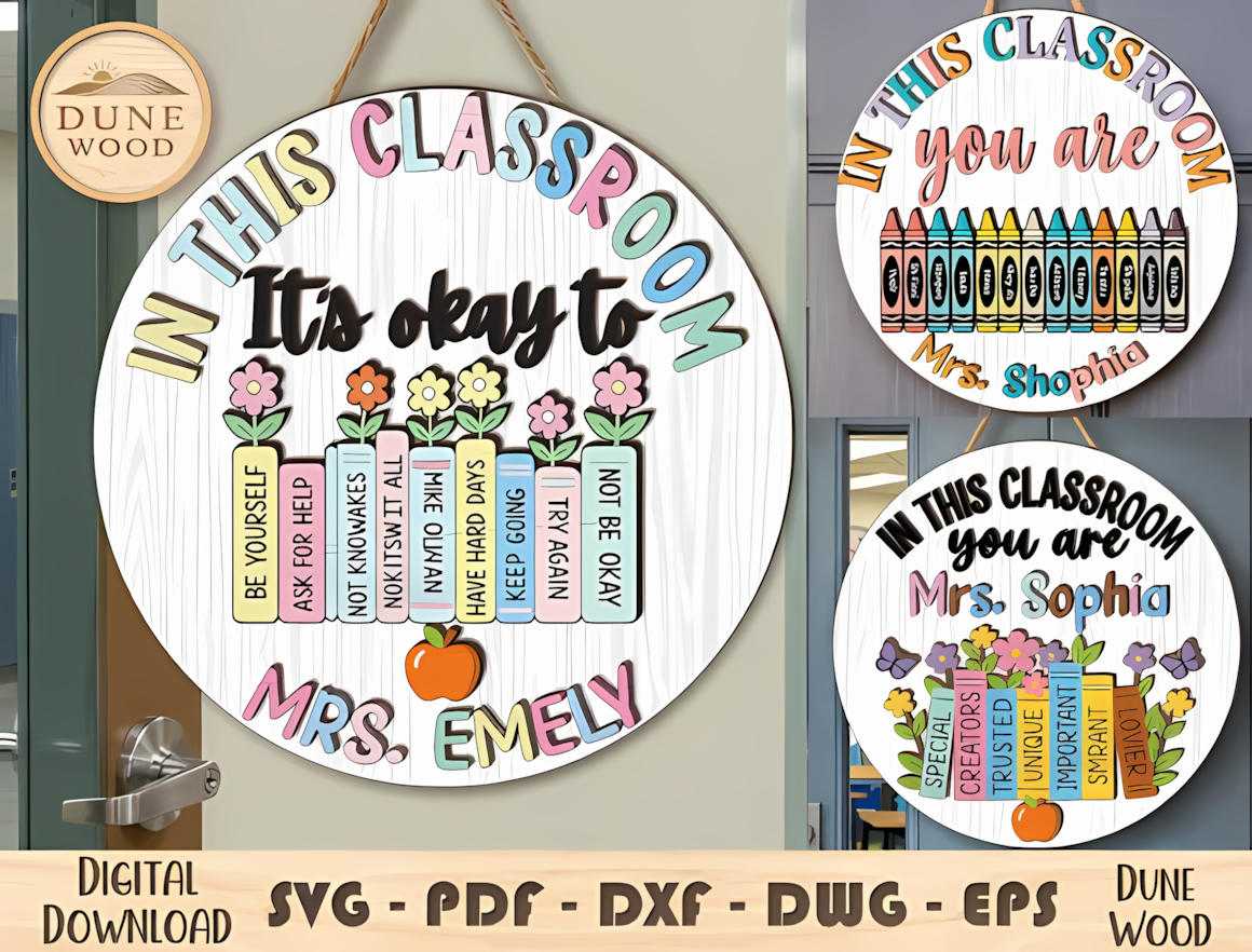 Classroom door plaque design for personalized teacher sign laser cut.