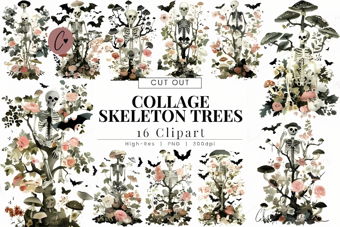 Collage halloween skeleton clipart design with spooky autumn trees