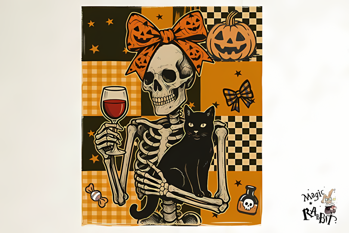 Cute halloween skeleton clipart with pink hair bow