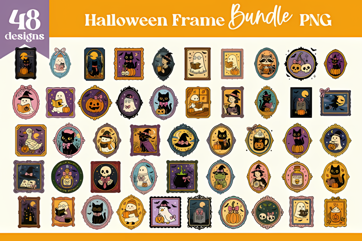 Trendy coquette vintage Halloween frame PNG bundle with bows and spooky elements
