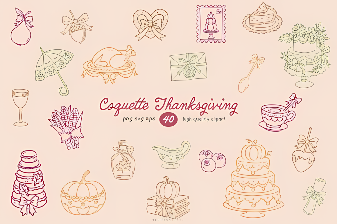 Trendy coquette style line art featuring autumn ribbons and turkeys.