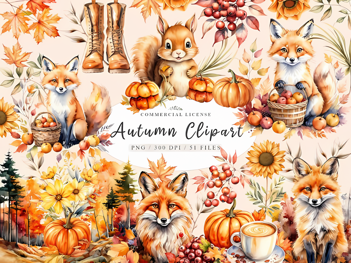 Cozy autumn woodland animals clipart set with cute baby forest creatures and pumpkins on transparent background.