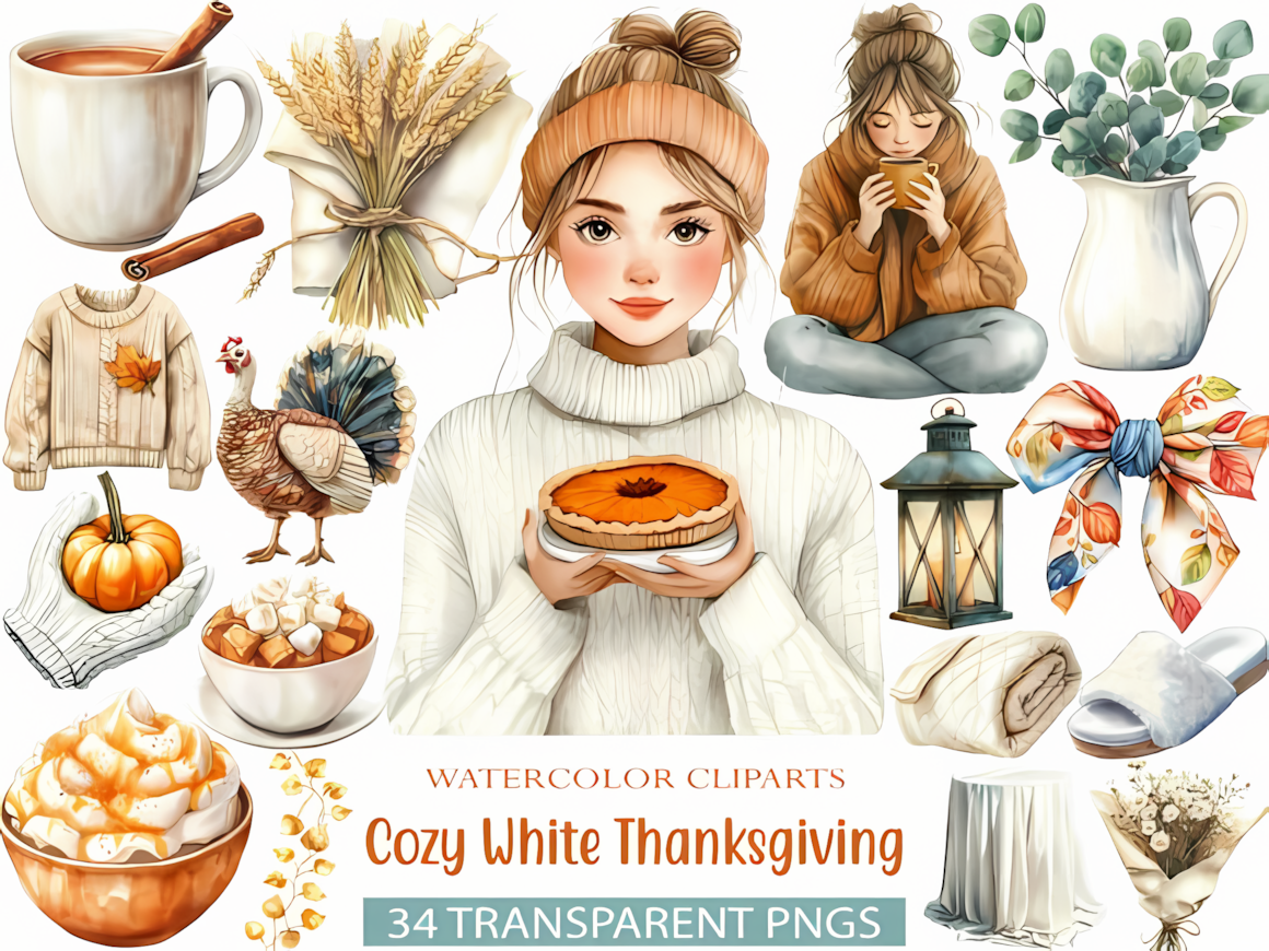 Soft neutral aesthetic white pumpkins and coffee mugs from a cozy white thanksgiving clipart png collection.