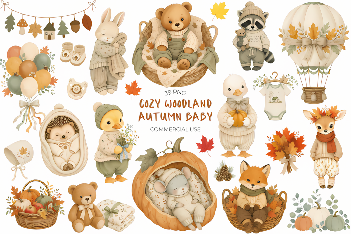 Cozy autumn woodland animals clipart baby shower set with cute forest creatures and fall floral elements.