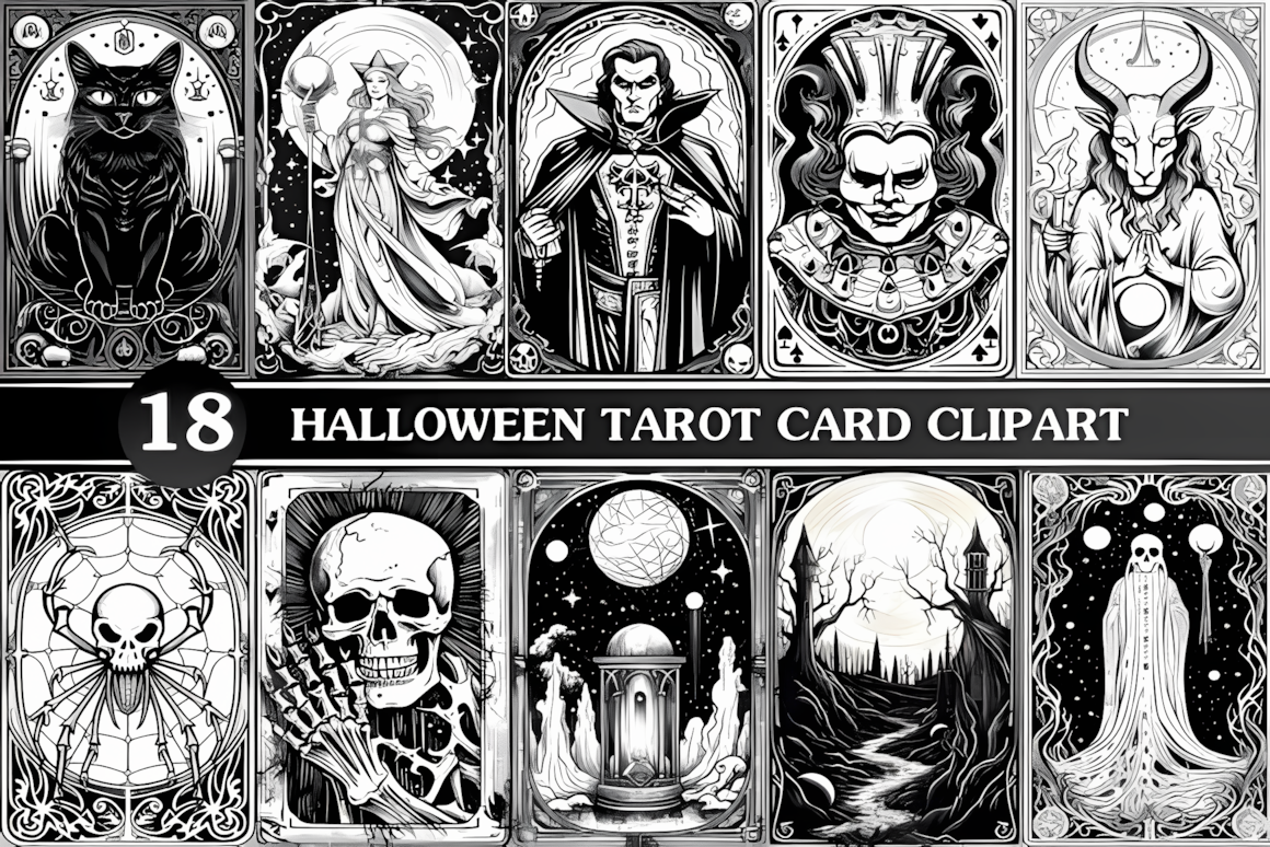 Creepy Halloween tarot clipart set with dark gothic elements for spooky digital scrapbooking