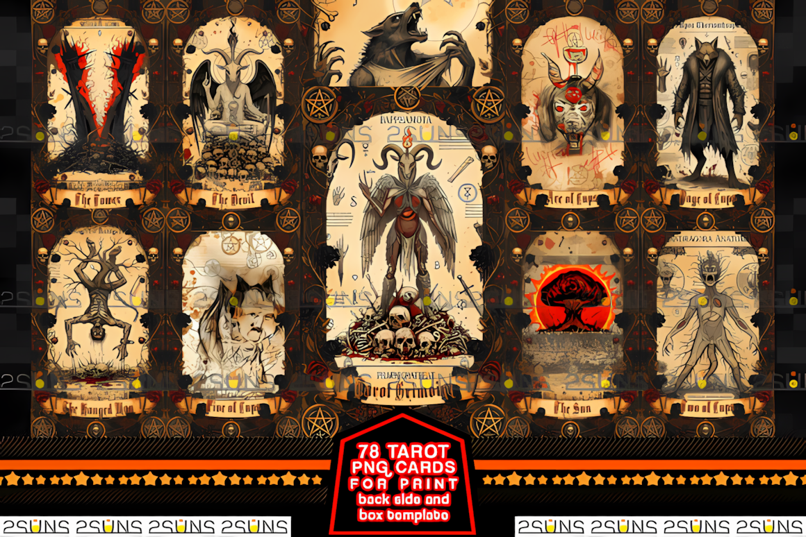 78 tarot cards Halloween PNG deck collection featuring grimoire-style mystical art