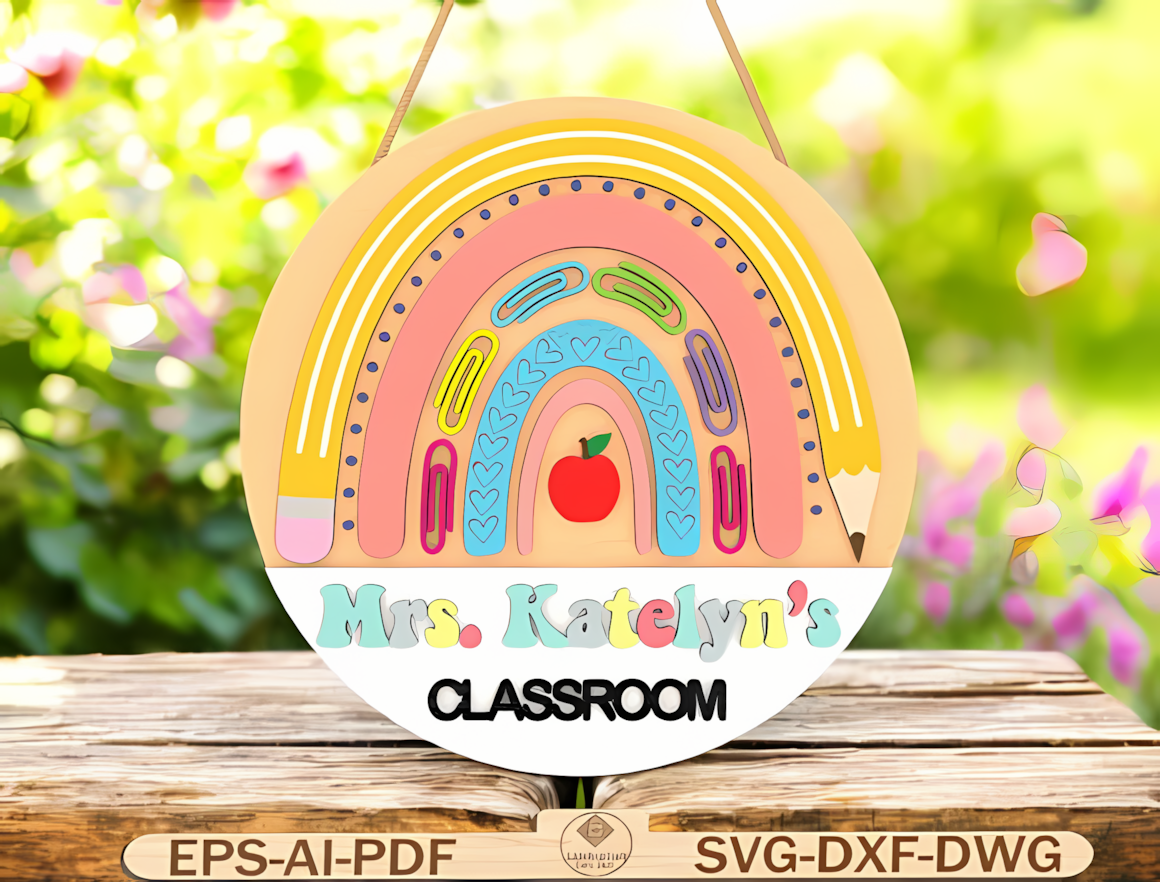 Door hanger plaque template for personalized teacher sign laser cut.