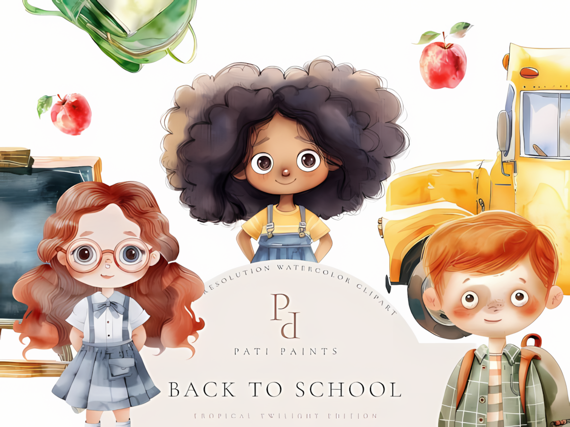 Cute back to school clipart bundle containing diverse kids and educational icons