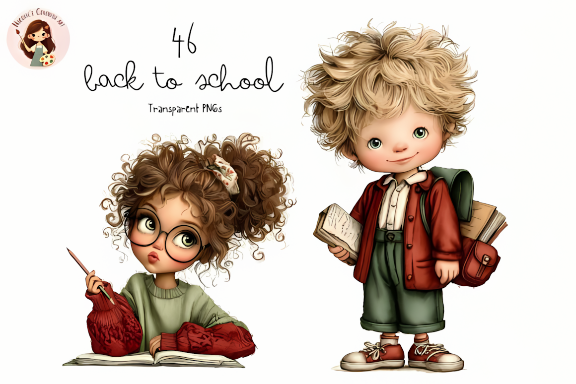 Cute back to school PNG clipart set featuring young school children with backpacks and books