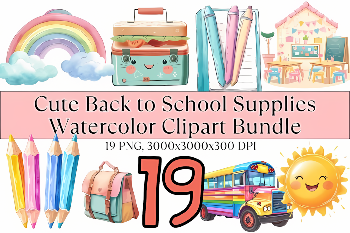 Cute back to school supplies watercolor set with soft artistic details
