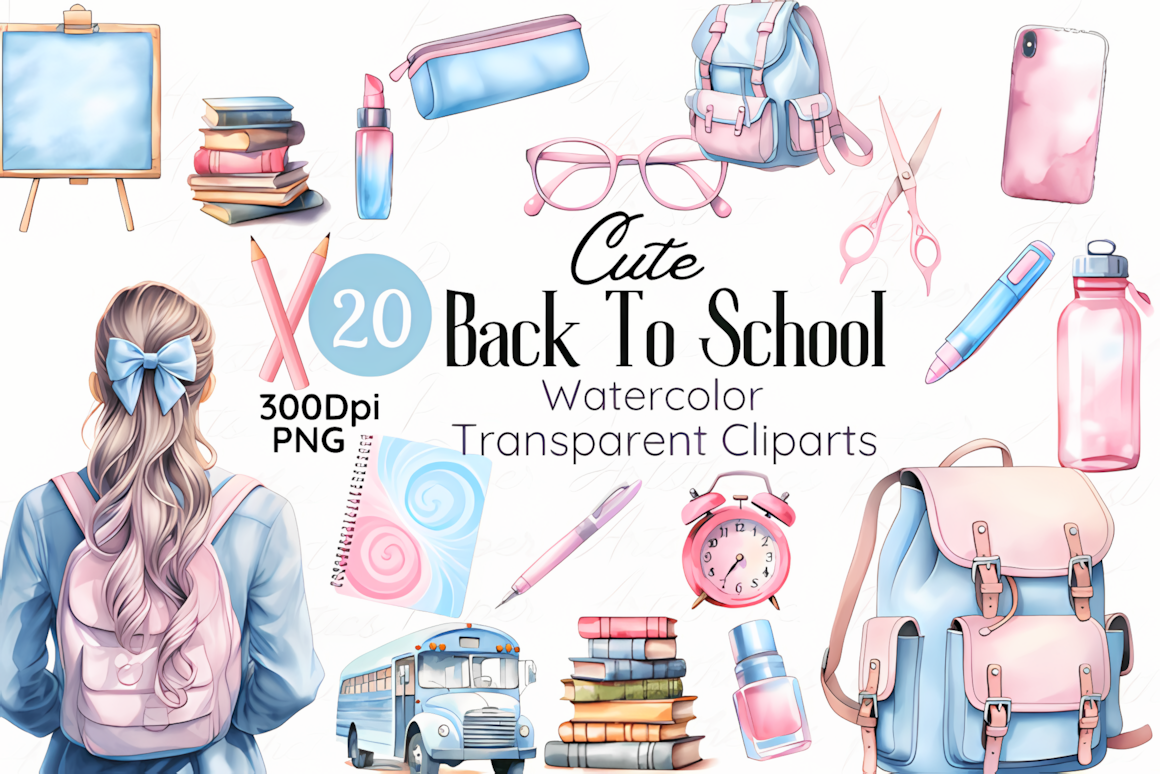 Cute back to school watercolor clipart set with soft pastel school elements