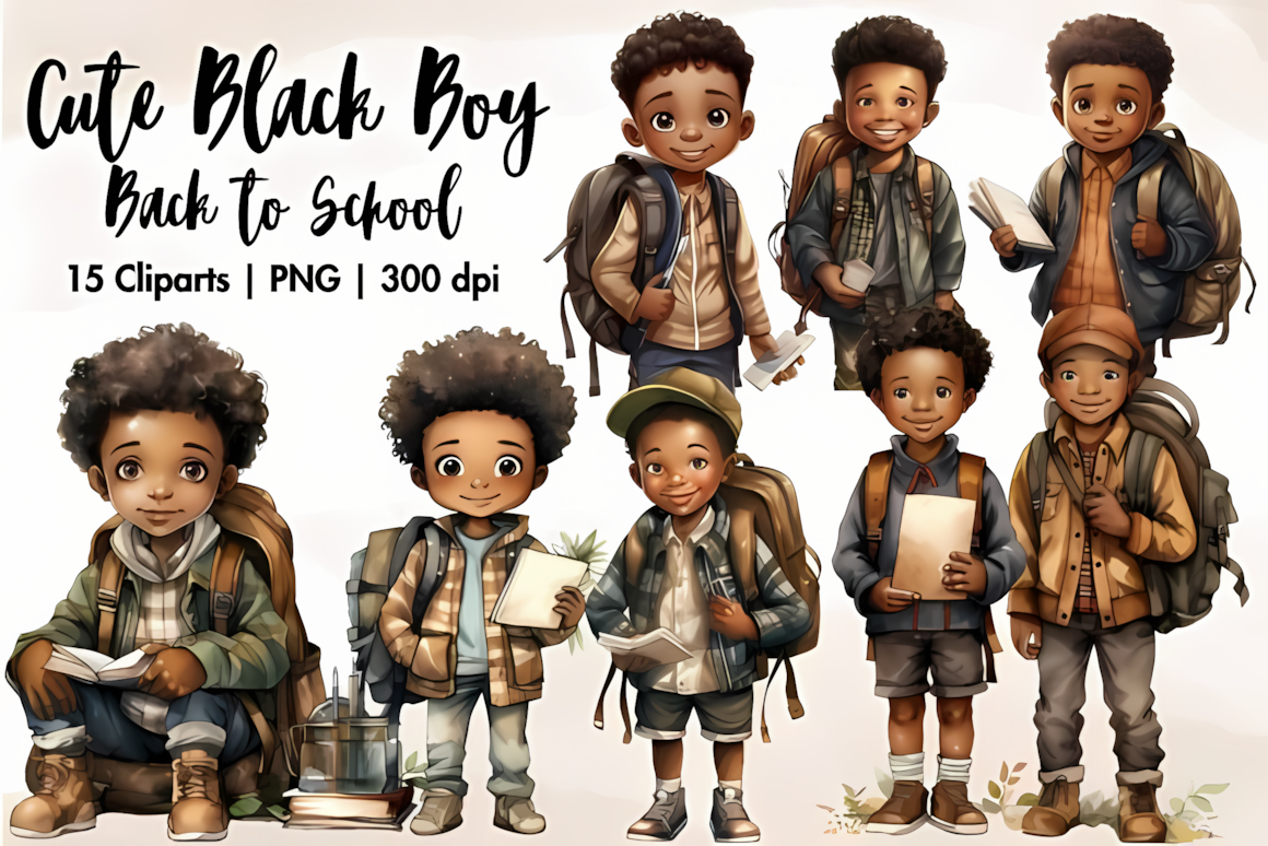 Cute black boy back to school clipart standing proudly with a backpack and pencil