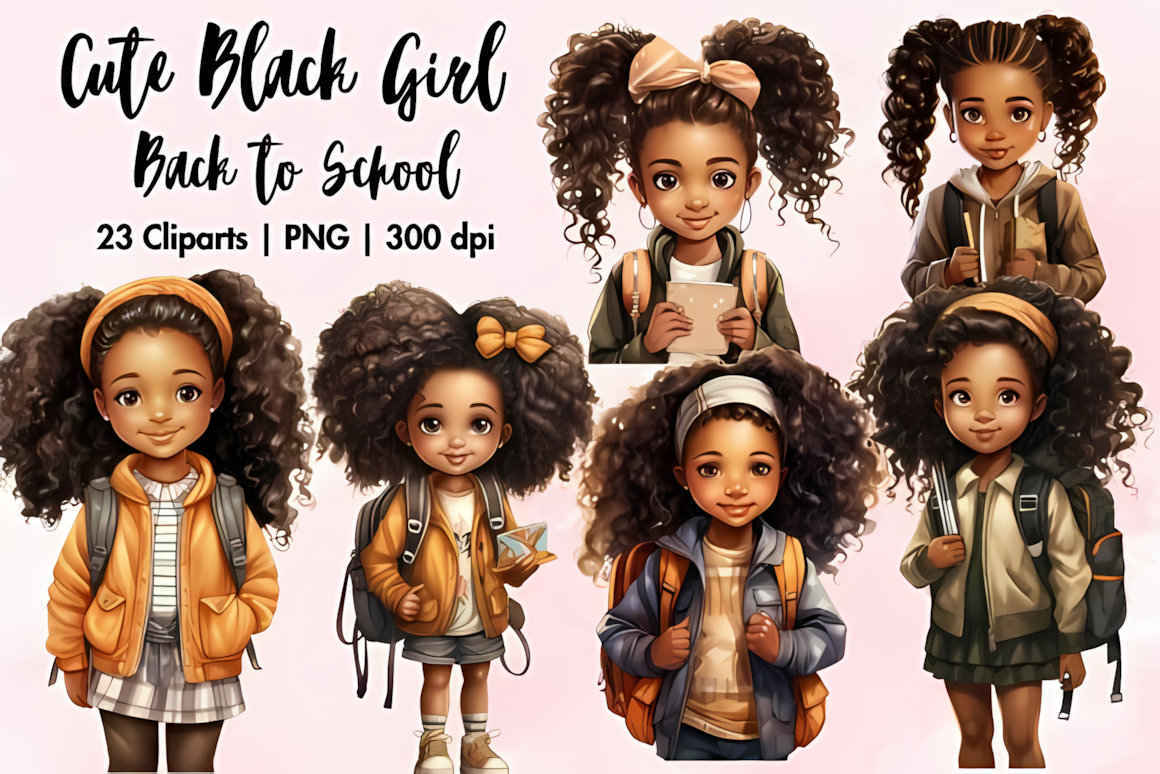 Cute black girl clipart with pink backpack and notebooks ready for the first day of school