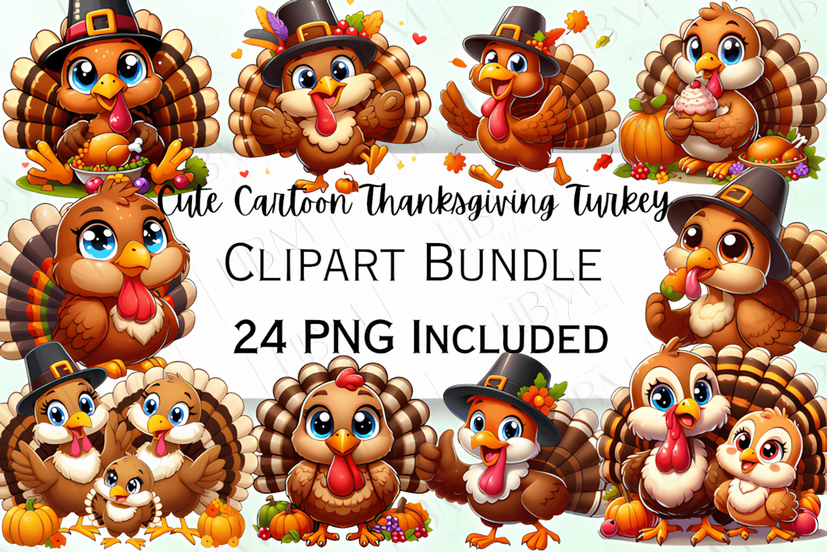Charming cartoon turkey illustration from a cute cartoon watercolor thanksgiving turkey clipart set.