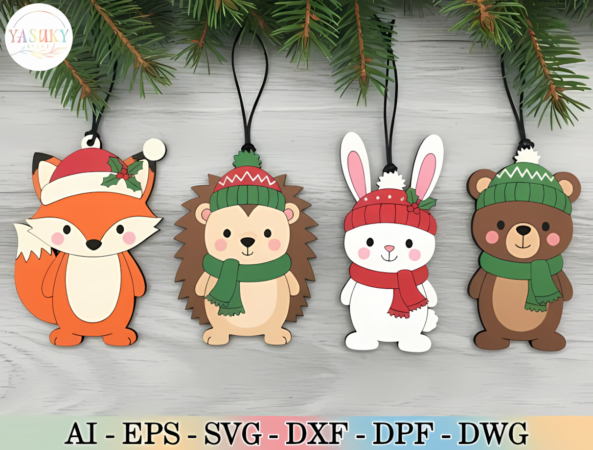 Cute Christmas animal ornament SVG for 3D laser cut wooden holiday decorations